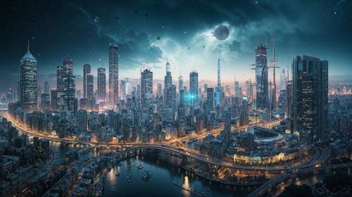 青い光に包まれた高層ビル群と惑星が浮かぶ未来都市夜景