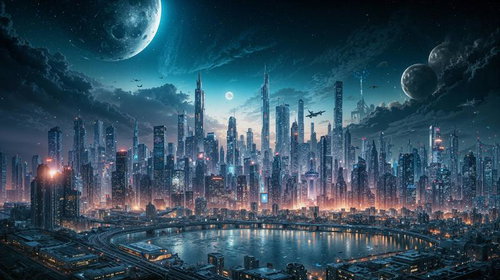 テクノロジーに彩られた夜間の近未来都市風景と宇宙