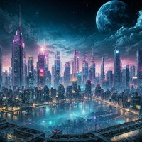 夜間に光る摩天楼が立ち並ぶ未来的なメトロポリスの夜景の写真