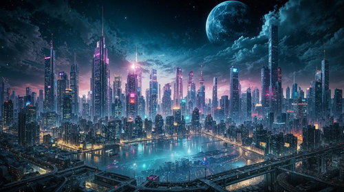 夜間に光る摩天楼が立ち並ぶ未来的なメトロポリスの夜景