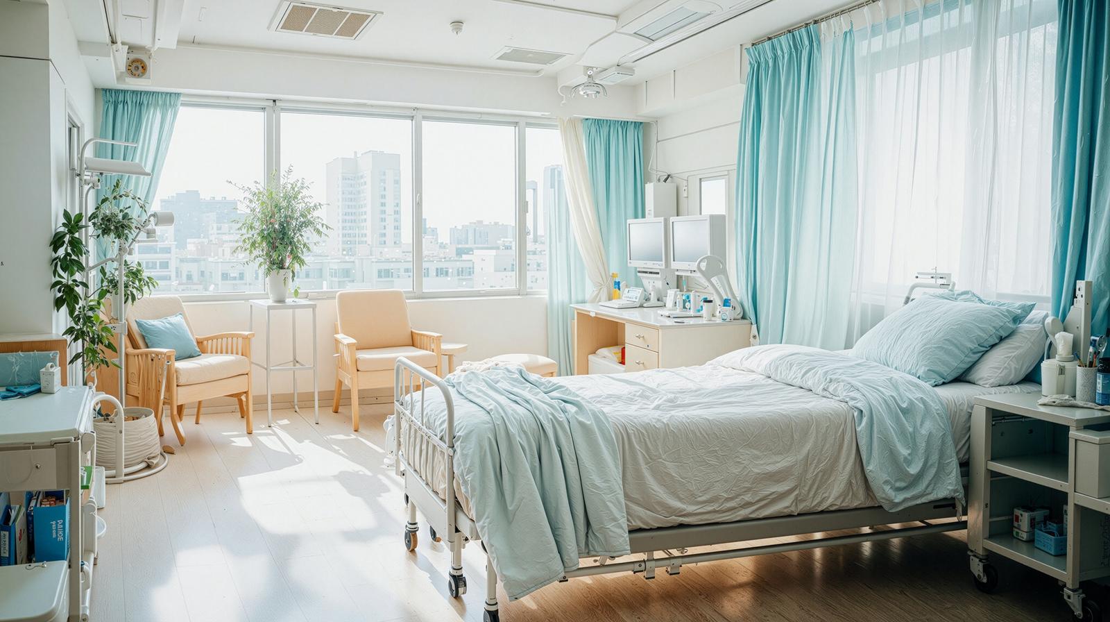 朝日が差し込む水色カーテンの病院個室にベッドが置かれている