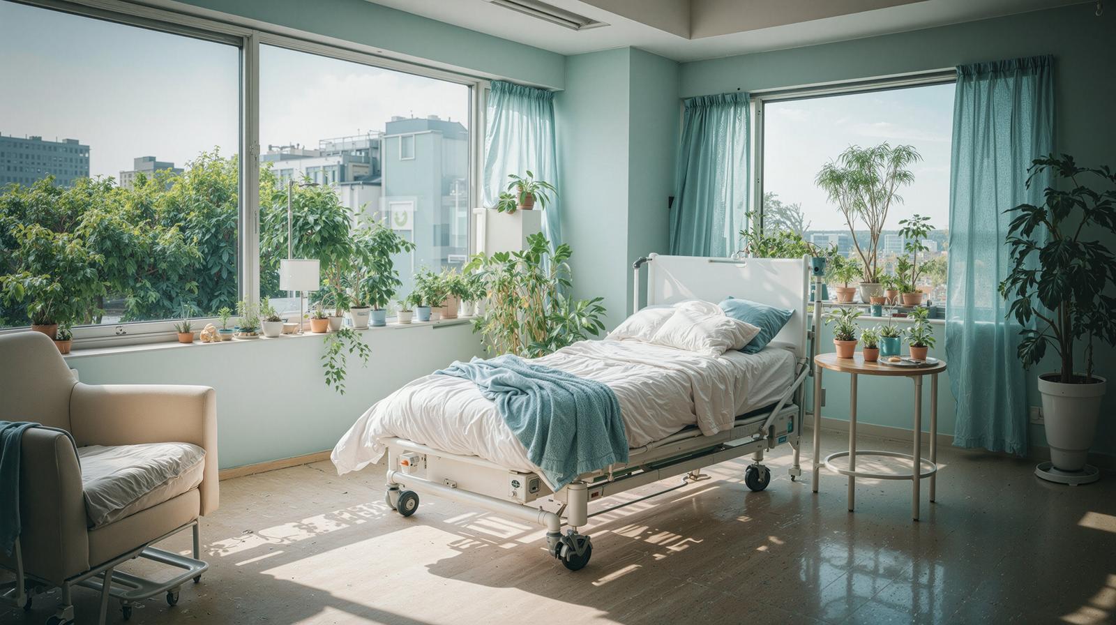 A mint green hospital room surrounded by large windows and houseplants
