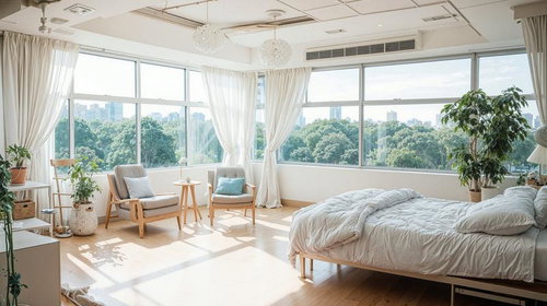 白いカーテンと木漏れ日が包む病室