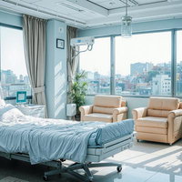 大きな窓から都市のビル群を望む開放感のある病室の写真