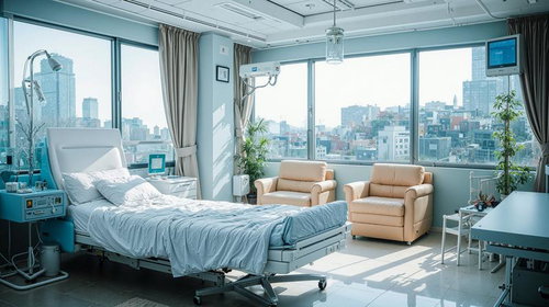 大きな窓から都市のビル群を望む開放感のある病室