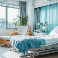 自然光と水色のカーテンが包む静かな病室の写真