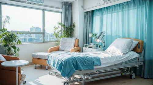自然光と水色のカーテンが包む静かな病室