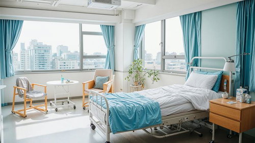 明るい病室の一角、丸テーブルと椅子が配置された室内