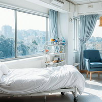 大きな窓と水色カーテンがある明るい病室のベッドの写真