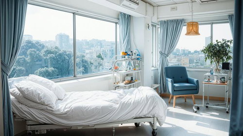 大きな窓と水色カーテンがある明るい病室のベッド
