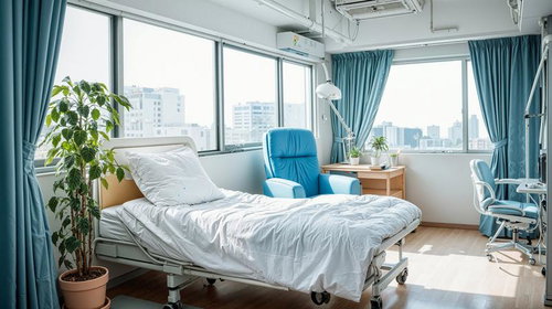 白いベッドと青色カーテンが配置された明るい病院の個室
