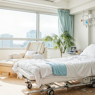 都市を望む大窓の明るい病室と白いベッドの療養空間の写真