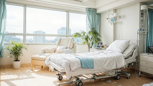 都市を望む大窓の明るい病室と白いベッドの療養空間