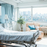 大きな窓から自然光が差し込む白いベッドと青いカーテンの病室の写真