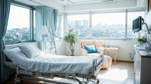 大きな窓から自然光が差し込む白いベッドと青いカーテンの病室