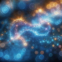 青とオレンジの光が交錯する宇宙空間と幾何学パターンの星雲の写真