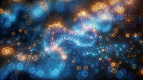 青とオレンジの光が交錯する宇宙空間と幾何学パターンの星雲