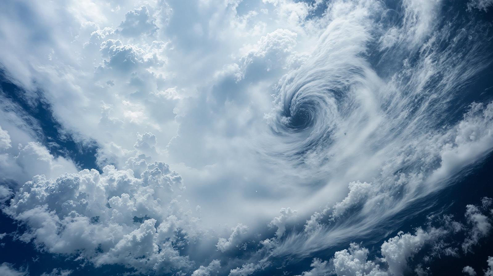 宇宙からの視点で捉えた地球上の二つの台風と白い雲の渦巻き