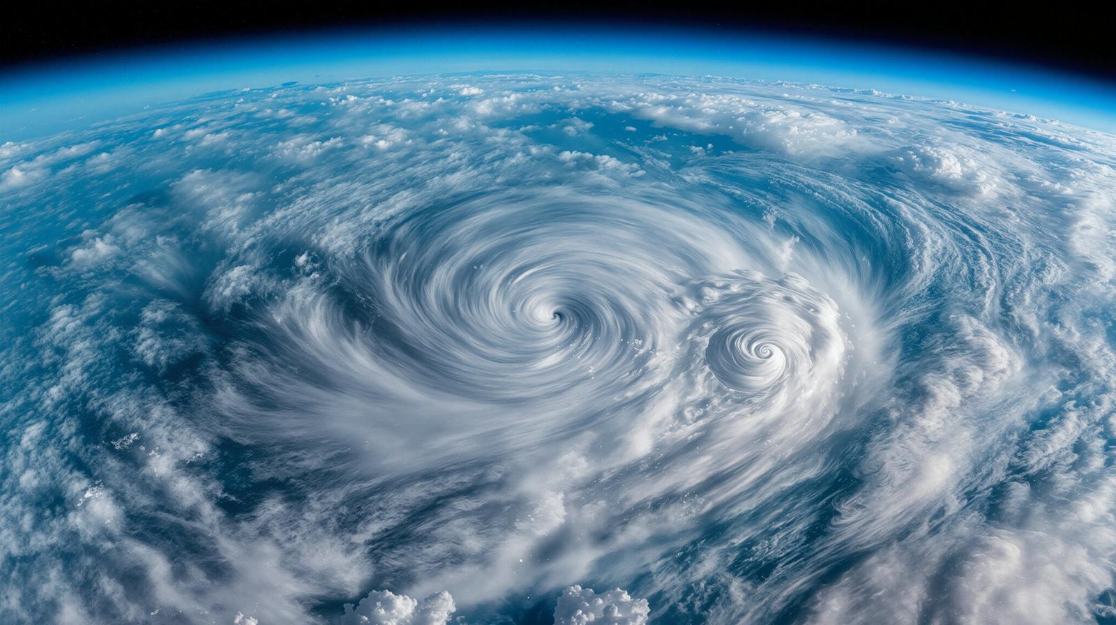 地球上で複数の巨大なハリケーンと台風が同時に発生している衛星画像風の風景