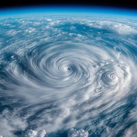 地球上で複数の巨大なハリケーンと台風が同時に発生している風景のAI画像