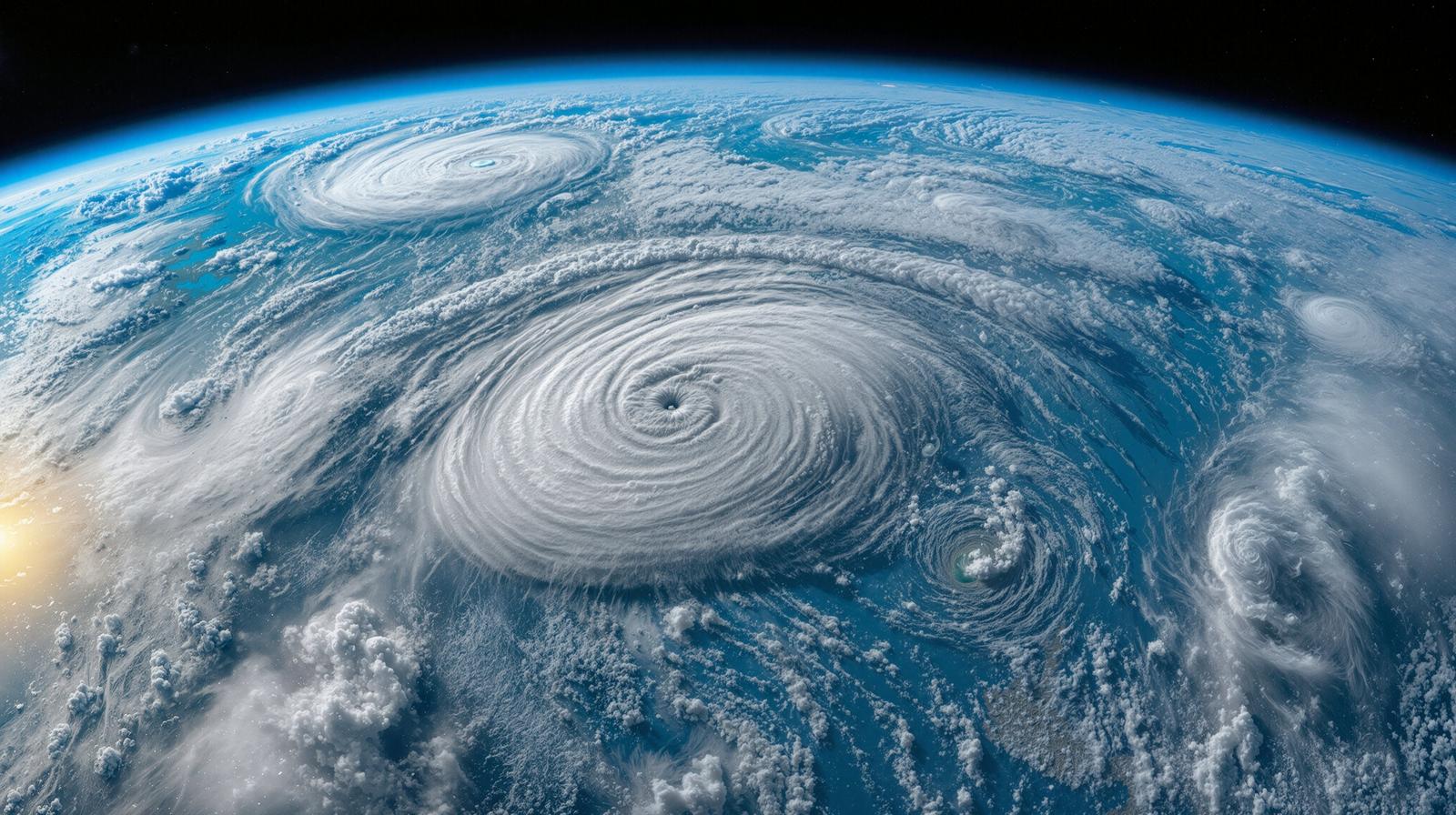 宇宙から見た地球の複数の台風と明確な台風の目