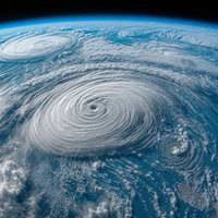 宇宙から見た台風の目と複数の渦巻き構造の写真