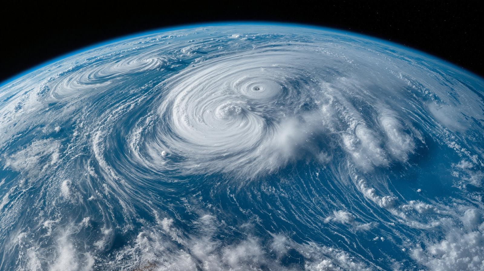 地球上空から見た複数の台風とハリケーンの渦巻き構造