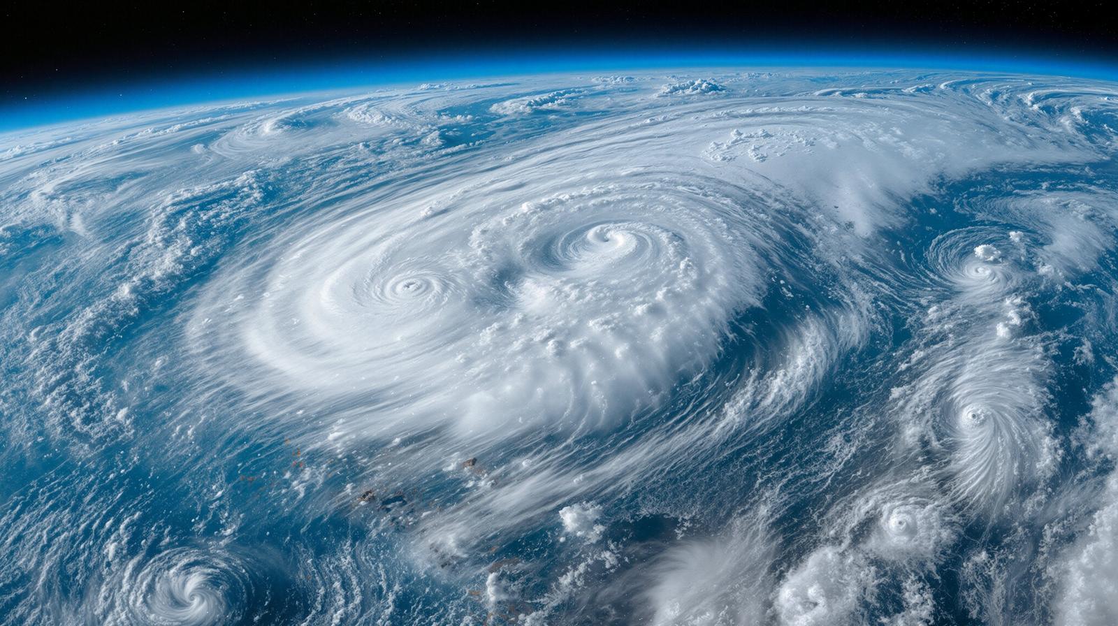 宇宙から見た複数の台風と渦巻く雲