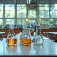 理科室風の実験台に並ぶオレンジ色と透明な液体のガラスフラスコ3本の写真