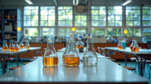 理科室風の実験台に並ぶオレンジ色と透明な液体のガラスフラスコ3本