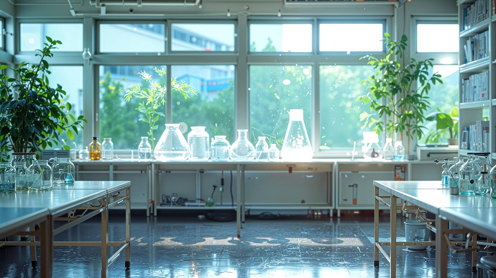 A workbench in a science lab setting with glass equipment and morning sunlight