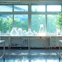 朝の光が差し込む理科室風の実験台の写真