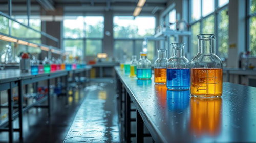 青色とオレンジ色の液体が入ったビーカーとフラスコが並ぶ研究室