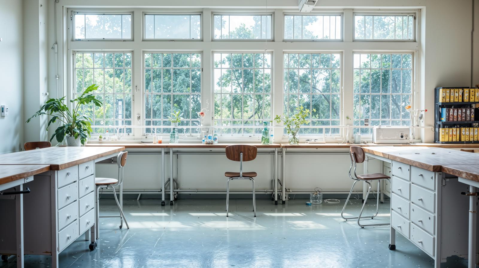 Classroom with white desks and chairs, lit by natural light from large windows