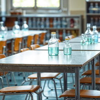 ガラス瓶が置かれた木製テーブルと茶色椅子の理科室の写真