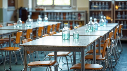 ガラス瓶が置かれた木製テーブルと茶色椅子の理科室