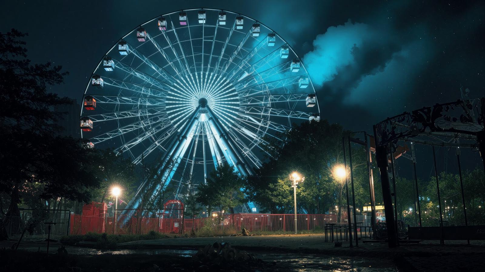 夜空に青白く光る大型観覧車と街灯が照らす遊園地の風景
