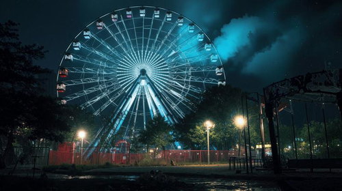 青白くライトアップされた巨大な観覧車