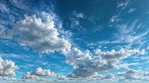 鮮明な青空に立体的な白い雲が重なり合う夏の空模様