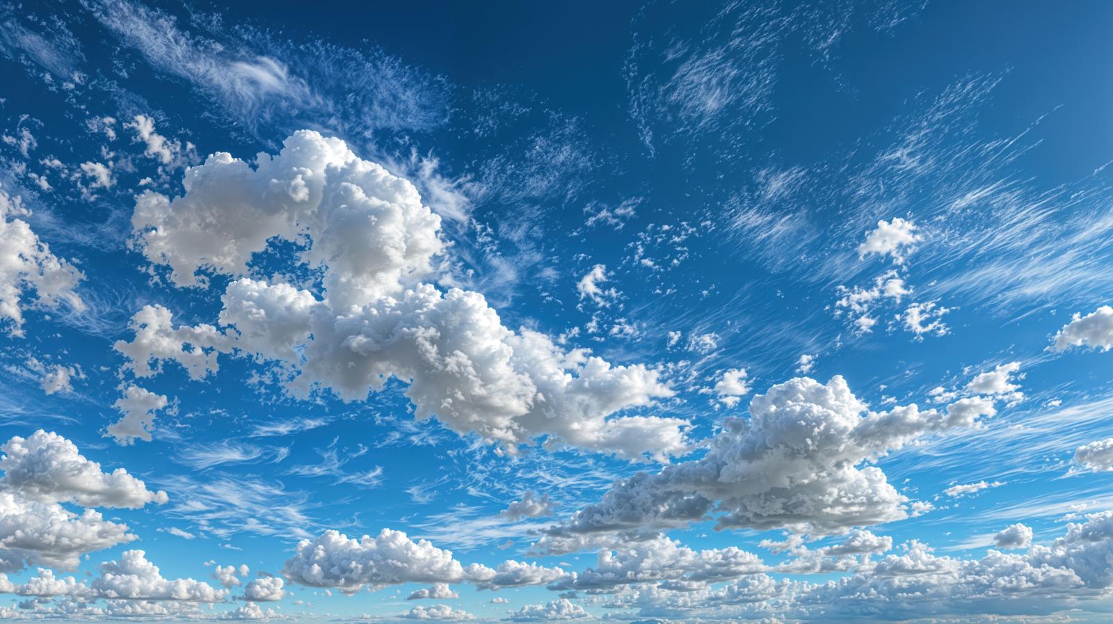 青空に大きな白い積雲と繊細な巻雲が広がっている空模様