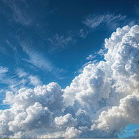 濃紺の青空に立体的な積乱雲が発達する夏の空模様の写真
