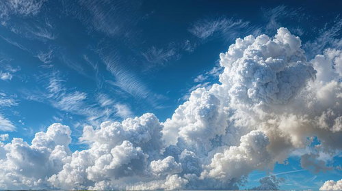 濃紺の青空に立体的な積乱雲が発達する夏の空模様