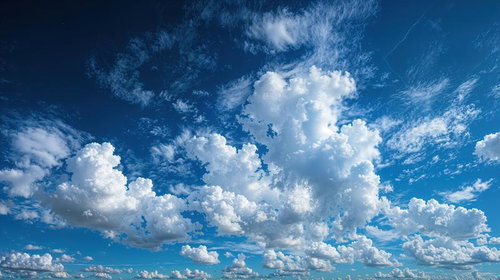 青空一面に立体的な白い入道雲が立ち上がる夏空