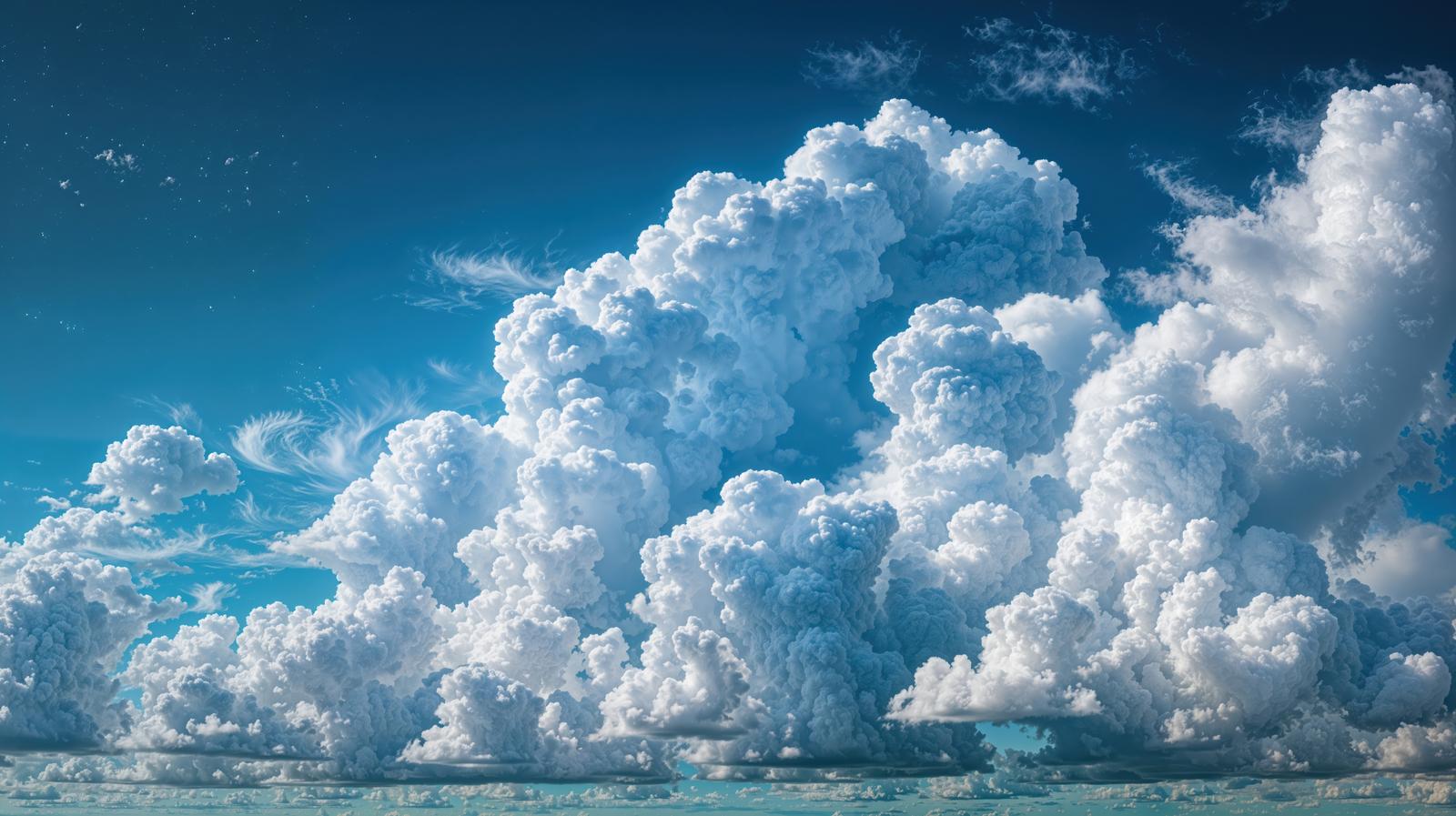 深い青空に白い積乱雲が立体的に浮かぶ夏の空模様
