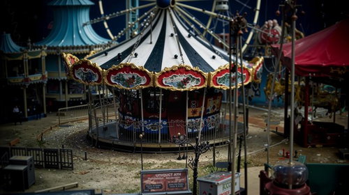 古びたメリーゴーラウンドと観覧車のある遊園地風景
