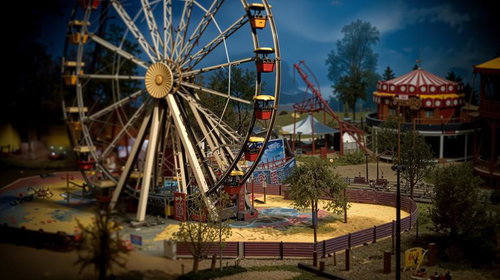 ジオラマ風に加工された遊園地の観覧車とメリーゴーランド