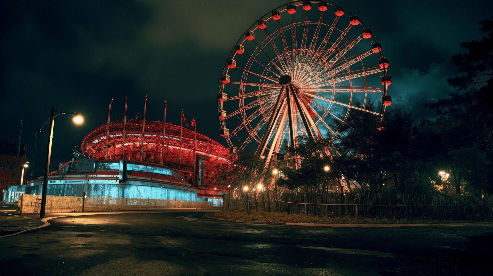 夜空の下で赤くライトアップされた観覧車と廃墟風のドーム建物