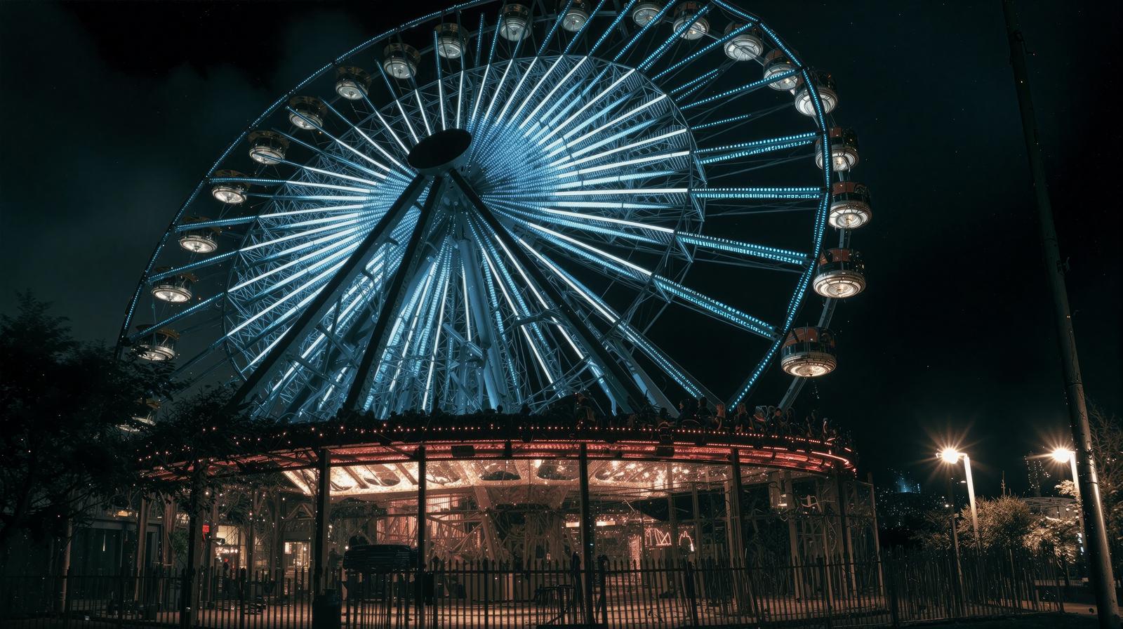 青白くライトアップされた観覧車と手前のメリーゴーラウンドがある夜の遊園地