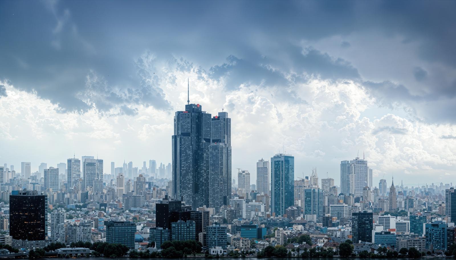 厚い雨雲の下に広がる高層ビル群と中央にそびえる超高層ビル