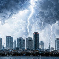 晴れ間から望む高層ビル群と雲のパノラマ風景の写真